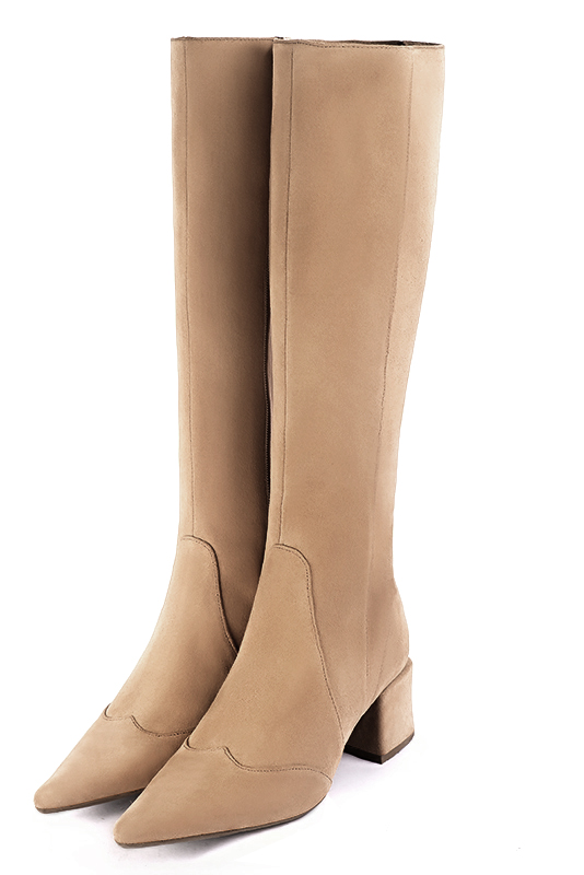 Tan beige women's feminine knee-high boots. Pointed toe. Medium block heels. Made to measure. Front view - Florence KOOIJMAN